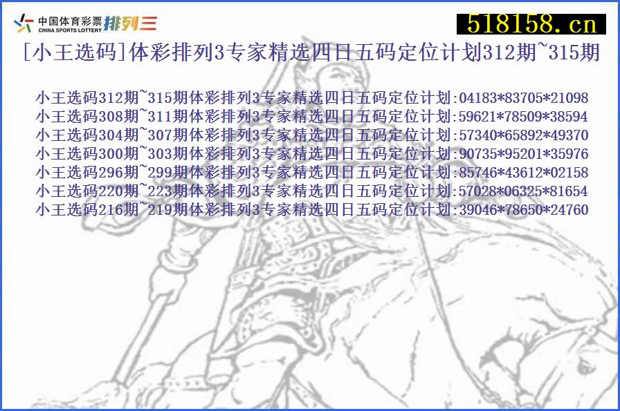 [小王选码]体彩排列3专家精选四日五码定位计划312期~315期