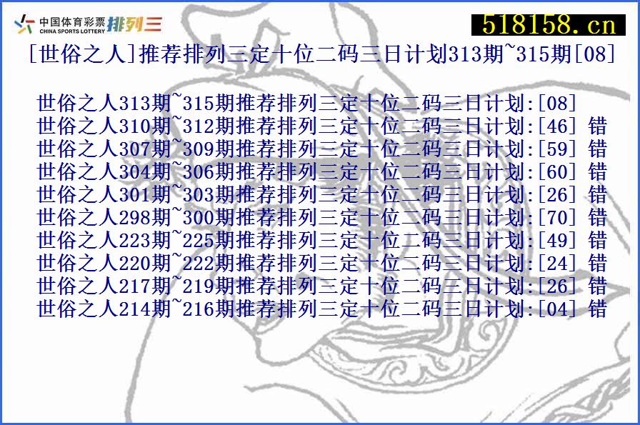 [世俗之人]推荐排列三定十位二码三日计划313期~315期[08]