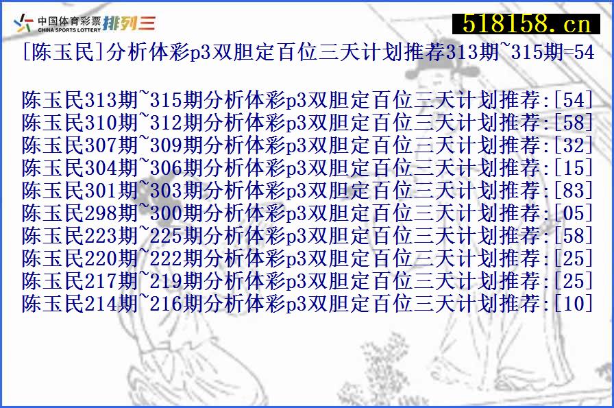 [陈玉民]分析体彩p3双胆定百位三天计划推荐313期~315期=54