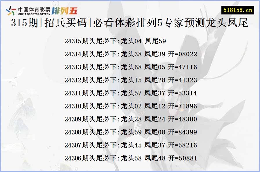 315期[招兵买码]必看体彩排列5专家预测龙头凤尾