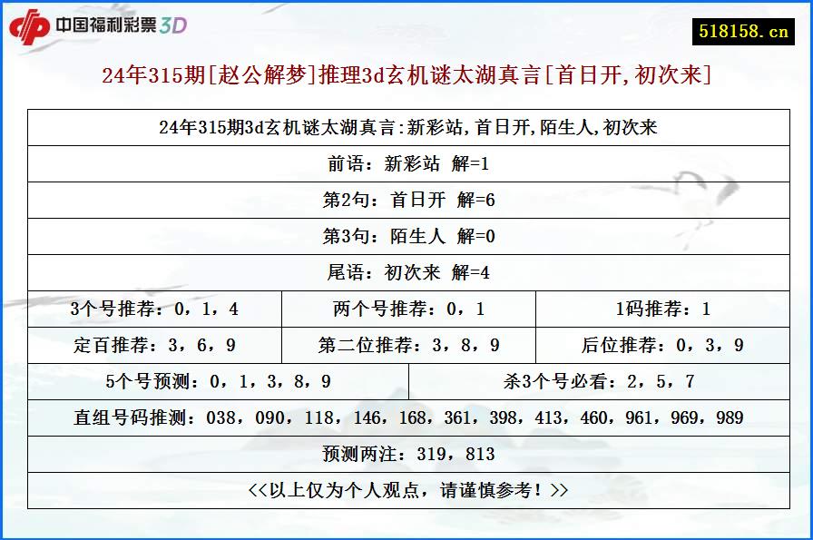 24年315期[赵公解梦]推理3d玄机谜太湖真言[首日开,初次来]