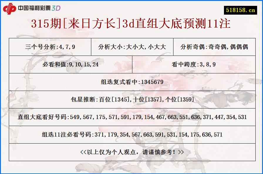 315期[来日方长]3d直组大底预测11注