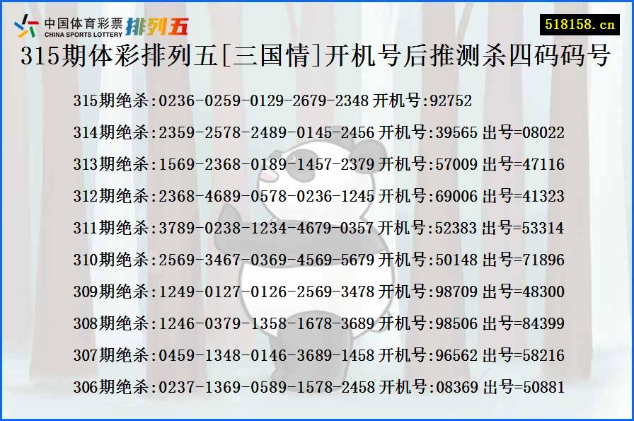 315期体彩排列五[三国情]开机号后推测杀四码码号