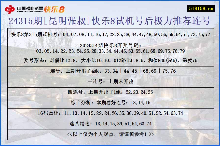 24315期[昆明张叔]快乐8试机号后极力推荐连号