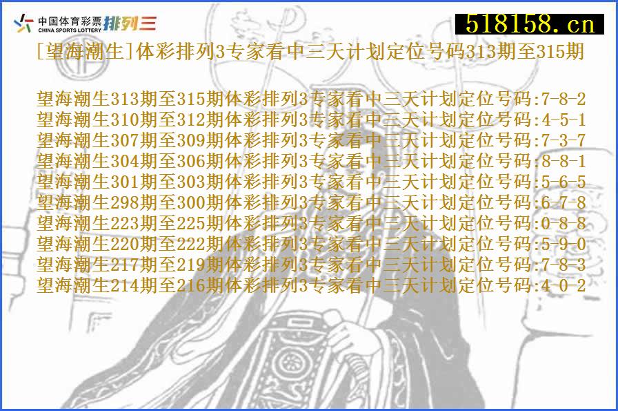 [望海潮生]体彩排列3专家看中三天计划定位号码313期至315期