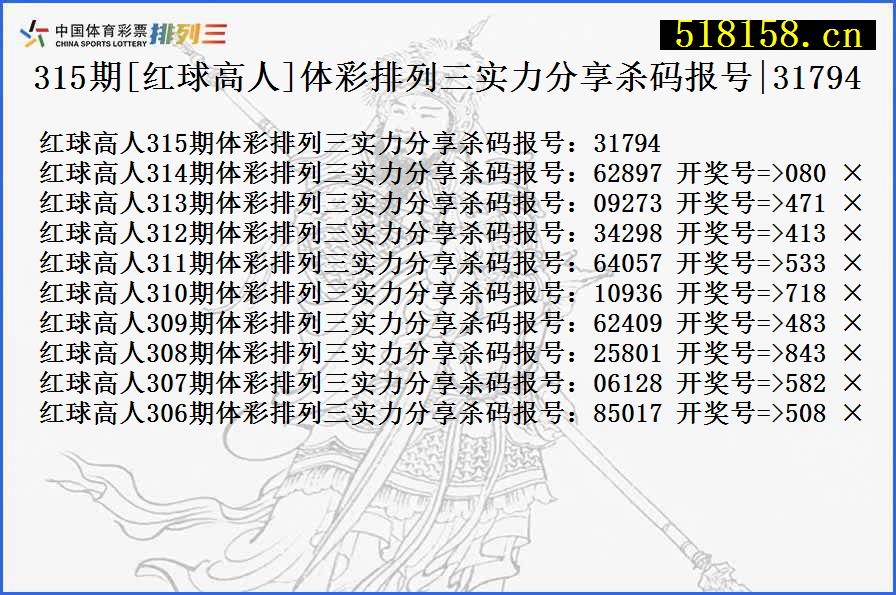 315期[红球高人]体彩排列三实力分享杀码报号|31794