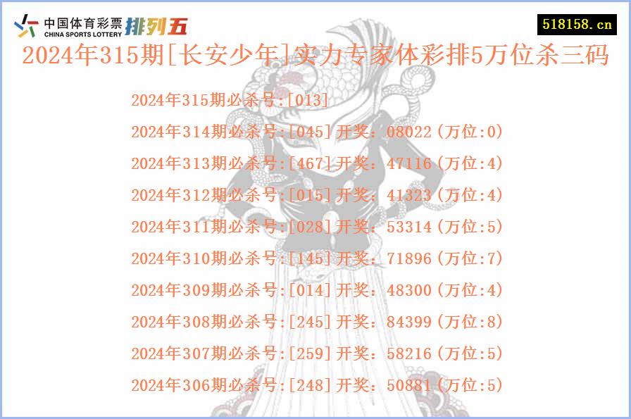 2024年315期[长安少年]实力专家体彩排5万位杀三码