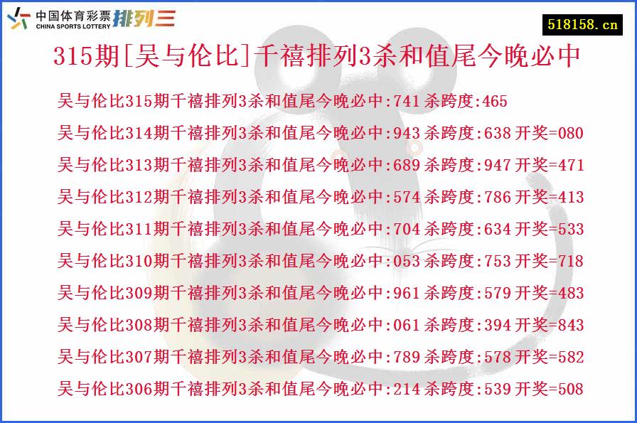 315期[吴与伦比]千禧排列3杀和值尾今晚必中