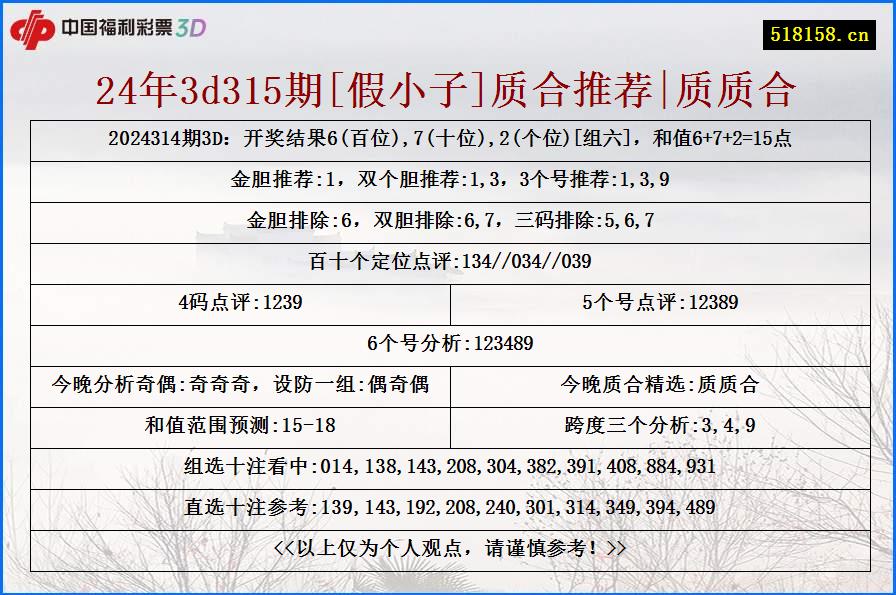 24年3d315期[假小子]质合推荐|质质合