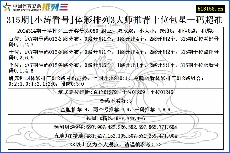 315期[小涛看号]体彩排列3大师推荐十位包星一码超准