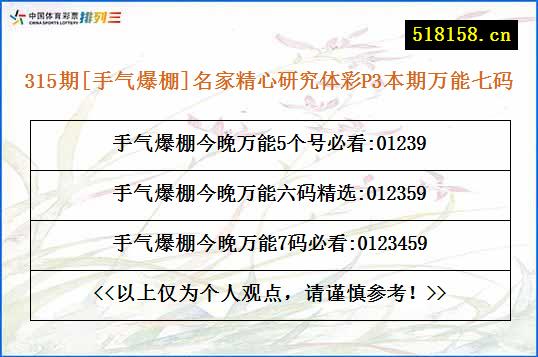 315期[手气爆棚]名家精心研究体彩P3本期万能七码