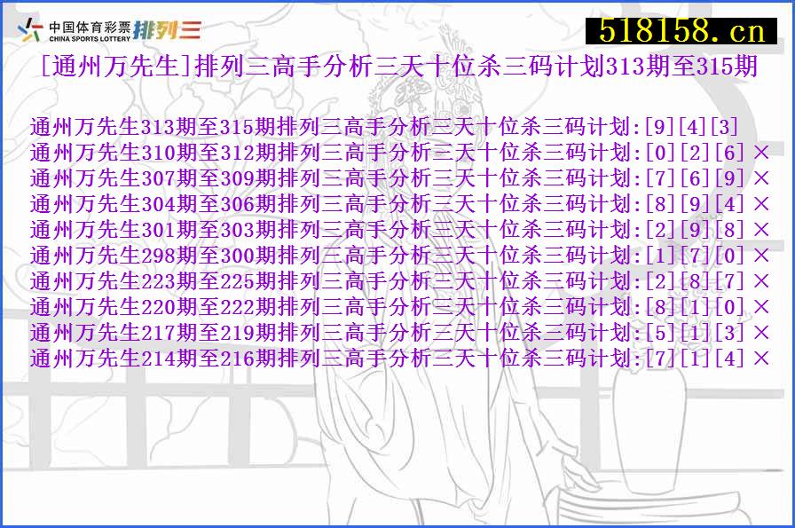 [通州万先生]排列三高手分析三天十位杀三码计划313期至315期