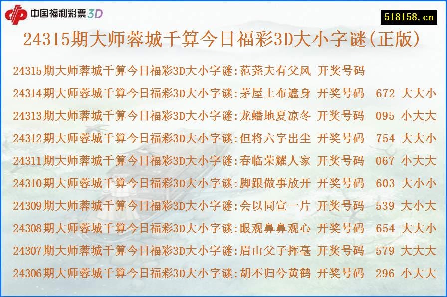 24315期大师蓉城千算今日福彩3D大小字谜(正版)