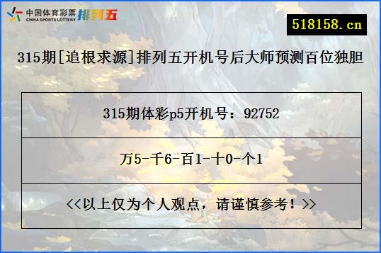 315期[追根求源]排列五开机号后大师预测百位独胆