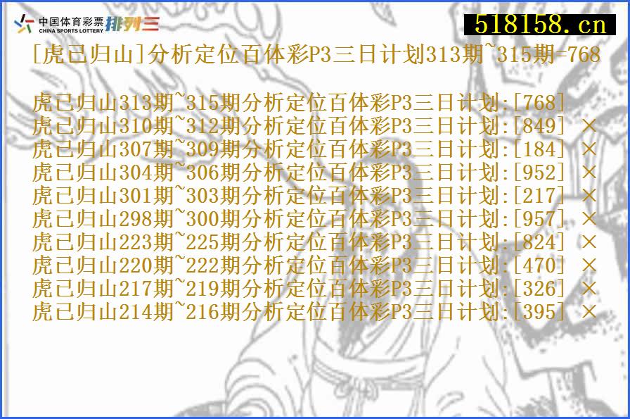 [虎已归山]分析定位百体彩P3三日计划313期~315期=768