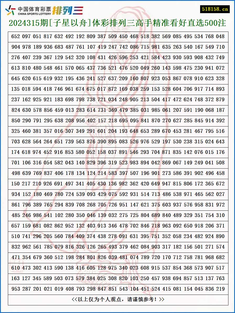 2024315期[子星以舟]体彩排列三高手精准看好直选500注