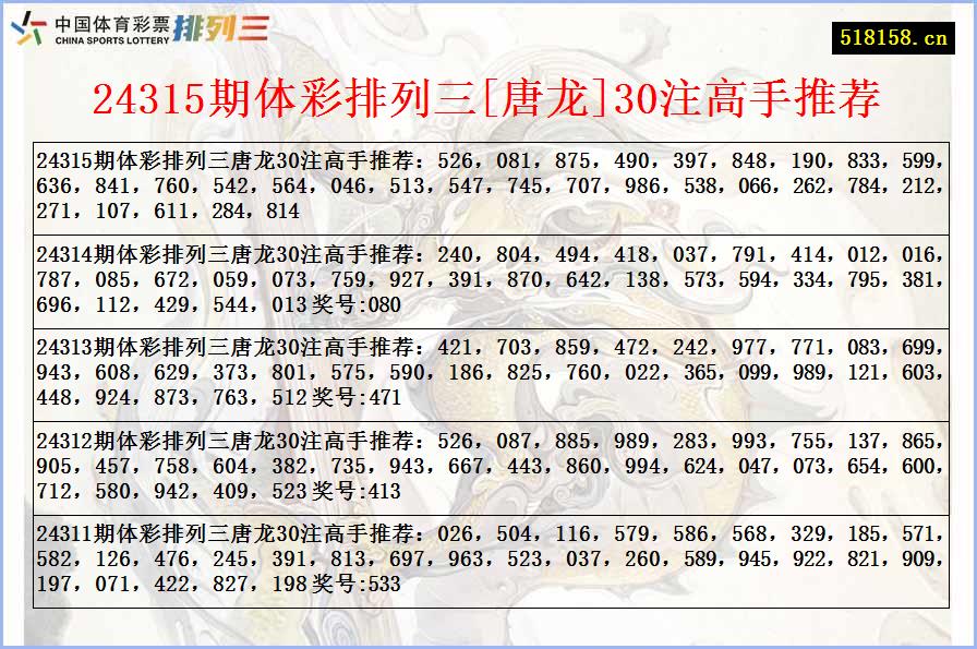 24315期体彩排列三[唐龙]30注高手推荐