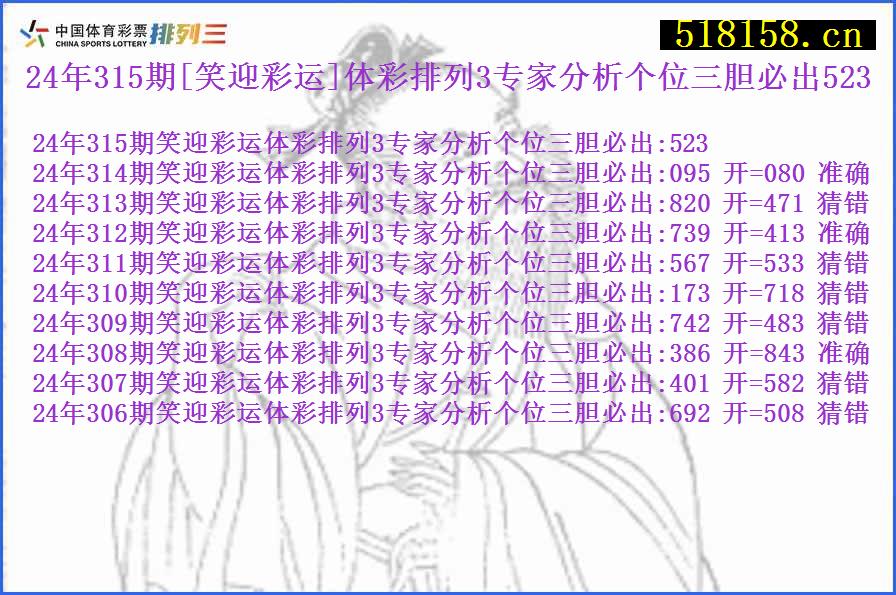 24年315期[笑迎彩运]体彩排列3专家分析个位三胆必出523