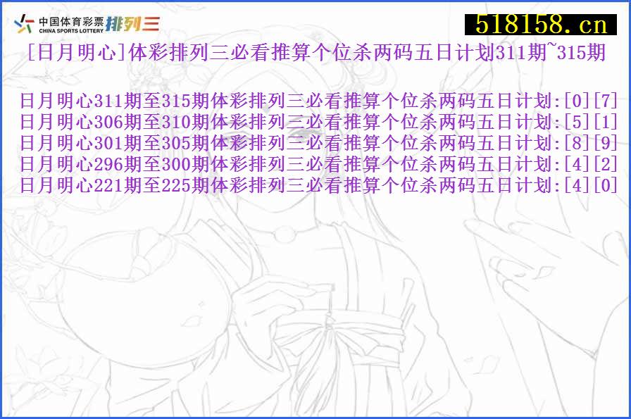 [日月明心]体彩排列三必看推算个位杀两码五日计划311期~315期