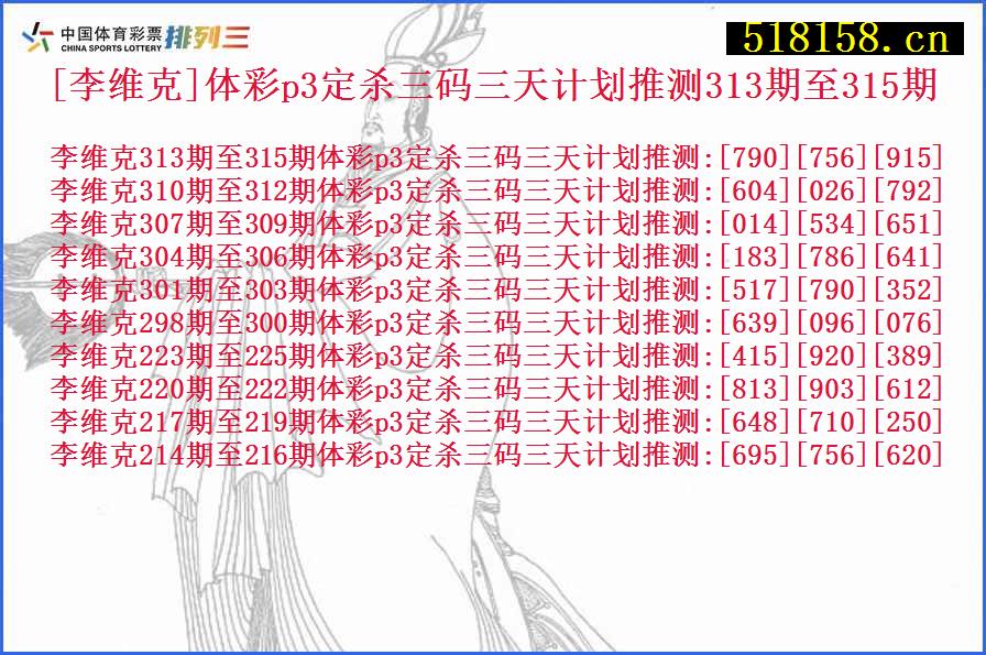 [李维克]体彩p3定杀三码三天计划推测313期至315期