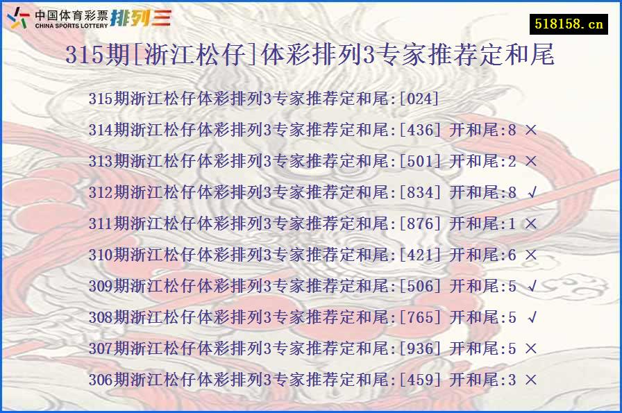 315期[浙江松仔]体彩排列3专家推荐定和尾