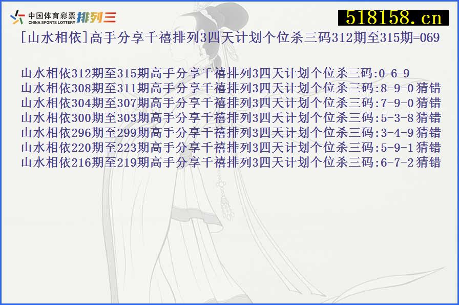 [山水相依]高手分享千禧排列3四天计划个位杀三码312期至315期=069