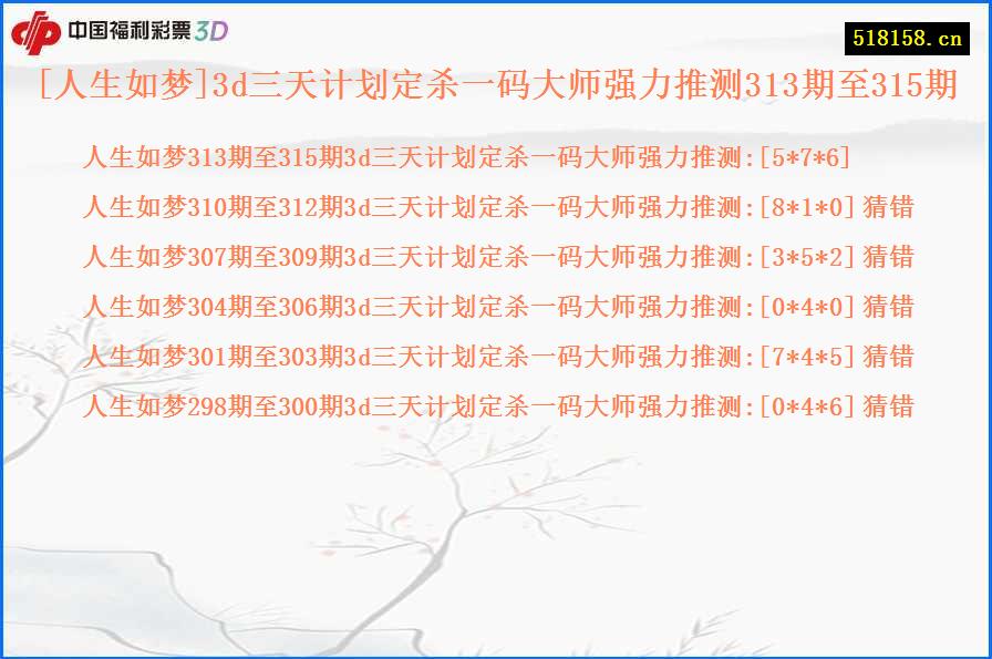 [人生如梦]3d三天计划定杀一码大师强力推测313期至315期