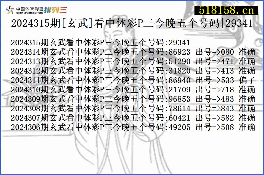 2024315期[玄武]看中体彩P三今晚五个号码|29341