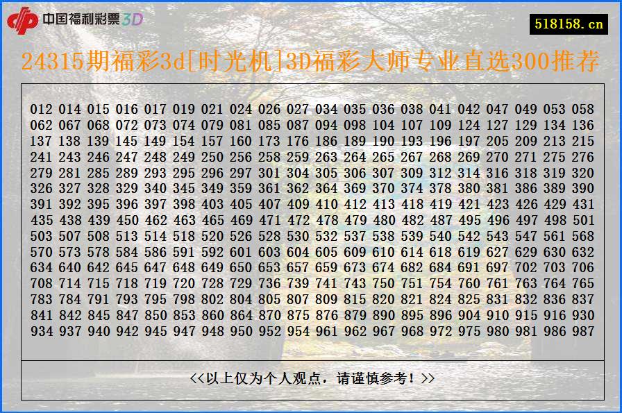 24315期福彩3d[时光机]3D福彩大师专业直选300推荐