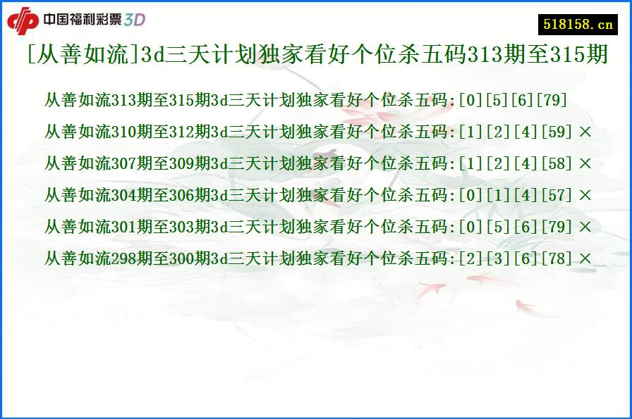 [从善如流]3d三天计划独家看好个位杀五码313期至315期