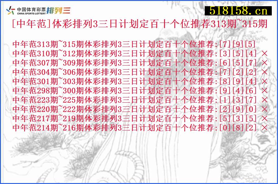 [中年范]体彩排列3三日计划定百十个位推荐313期~315期