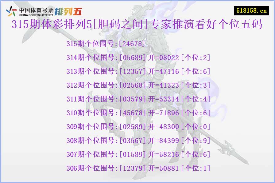 315期体彩排列5[胆码之间]专家推演看好个位五码