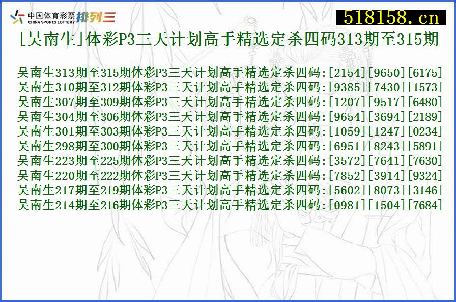 [吴南生]体彩P3三天计划高手精选定杀四码313期至315期