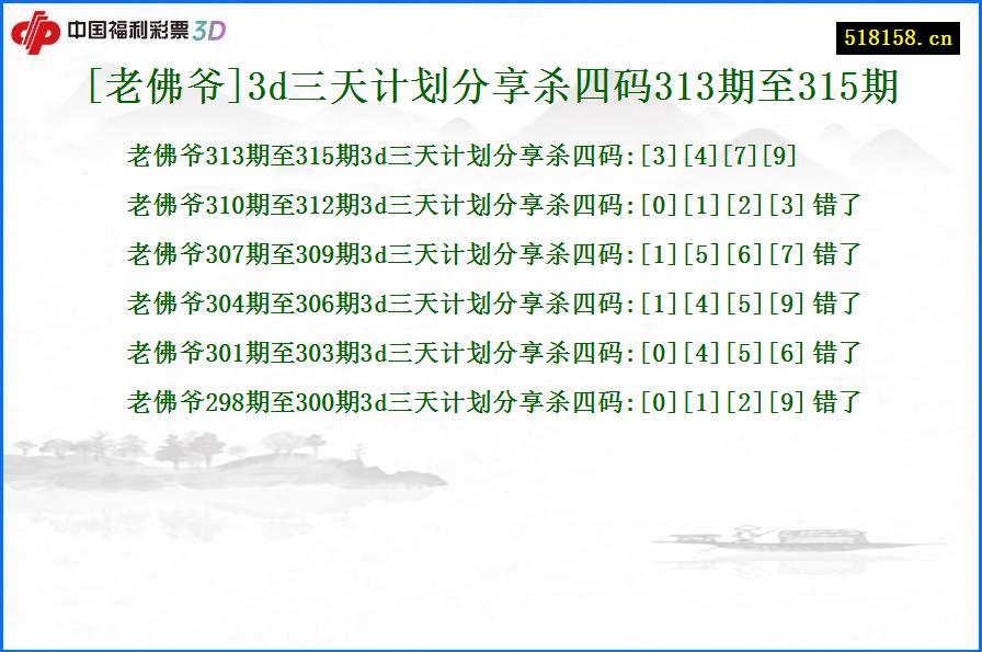 [老佛爷]3d三天计划分享杀四码313期至315期