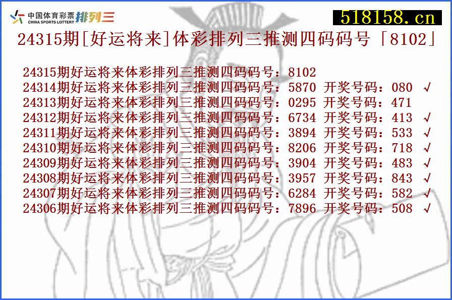 24315期[好运将来]体彩排列三推测四码码号「8102」