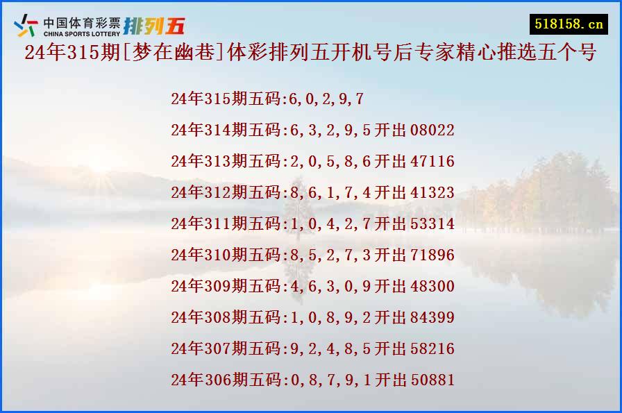 24年315期[梦在幽巷]体彩排列五开机号后专家精心推选五个号