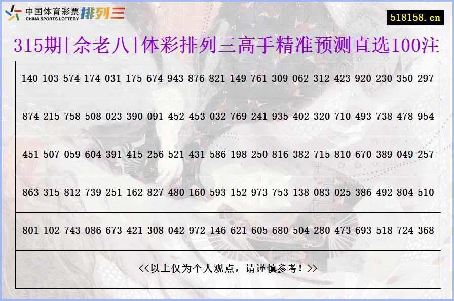 315期[佘老八]体彩排列三高手精准预测直选100注