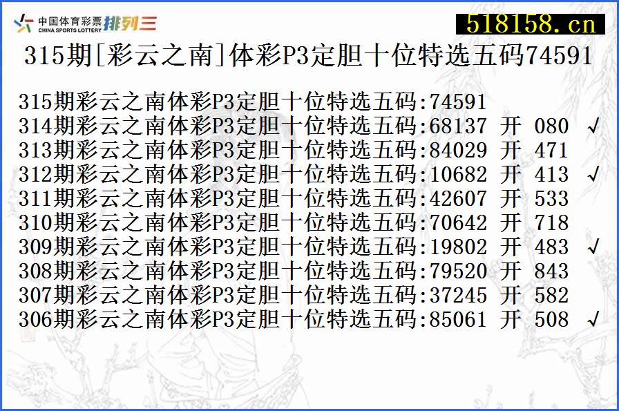 315期[彩云之南]体彩P3定胆十位特选五码74591