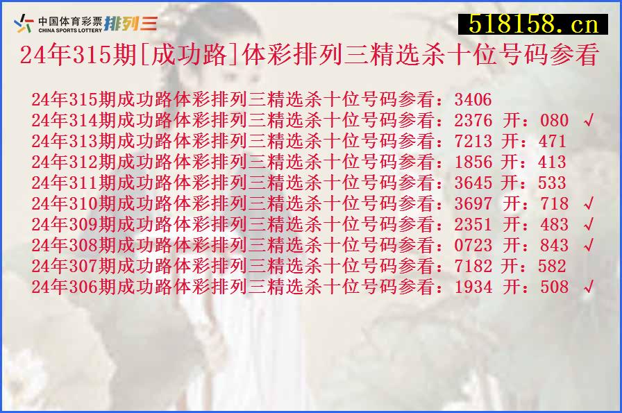 24年315期[成功路]体彩排列三精选杀十位号码参看