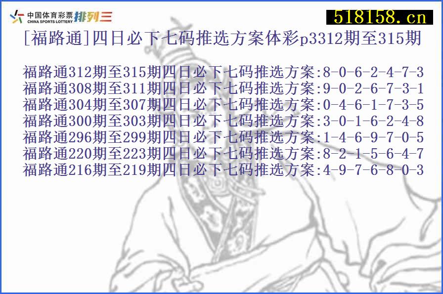 [福路通]四日必下七码推选方案体彩p3312期至315期