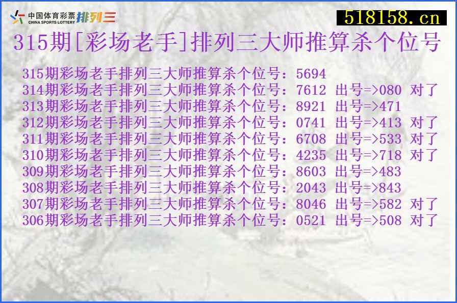 315期[彩场老手]排列三大师推算杀个位号