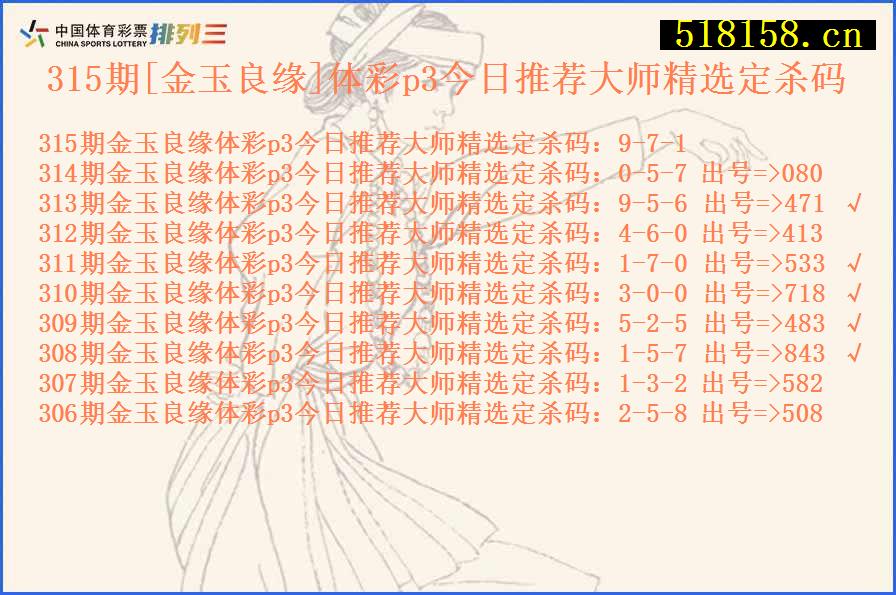 315期[金玉良缘]体彩p3今日推荐大师精选定杀码