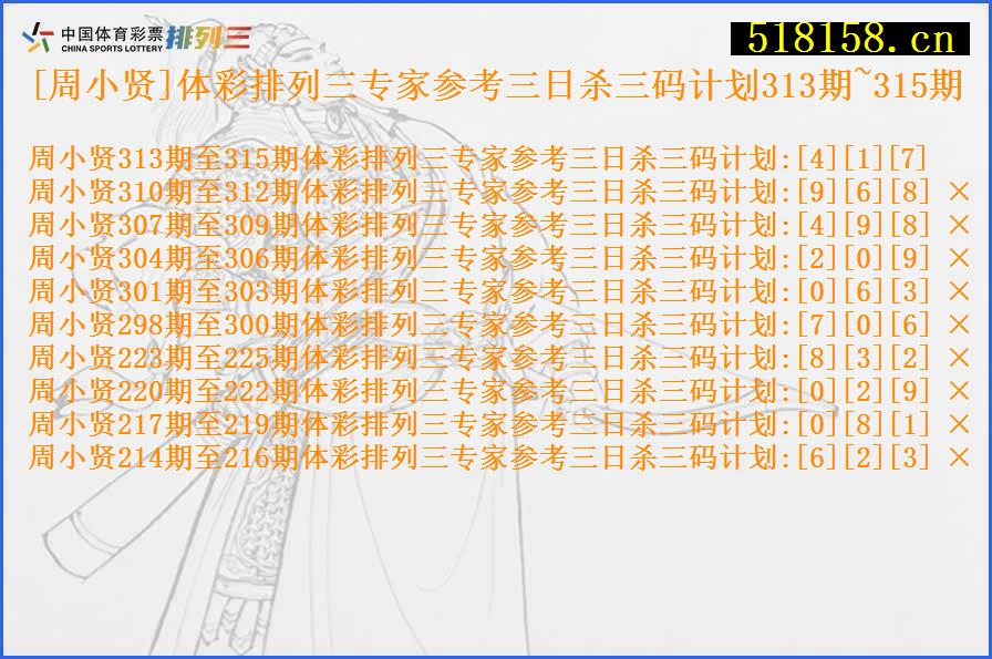 [周小贤]体彩排列三专家参考三日杀三码计划313期~315期