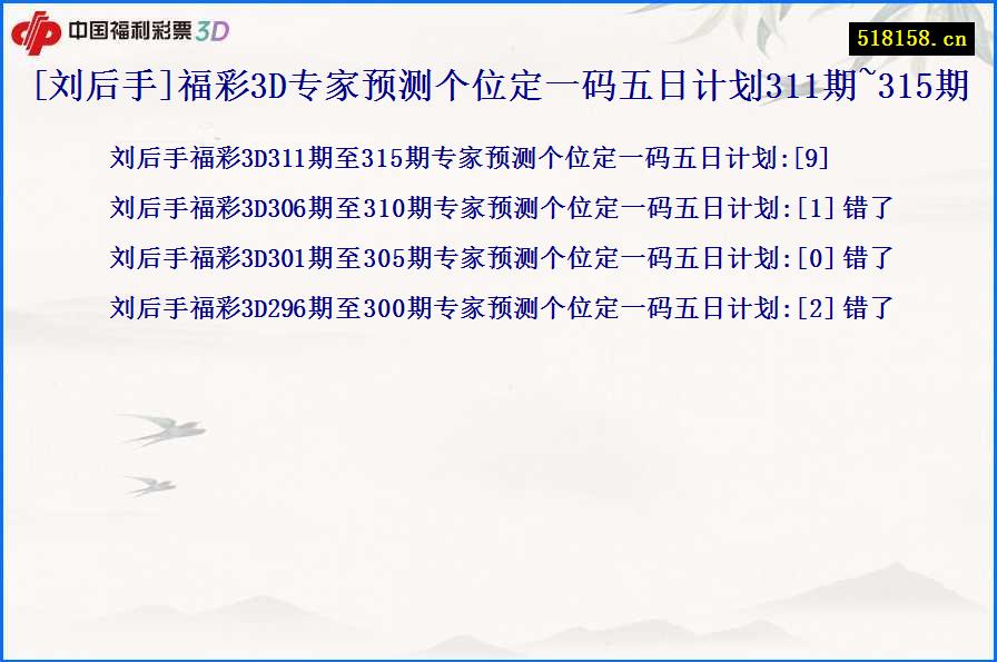 [刘后手]福彩3D专家预测个位定一码五日计划311期~315期