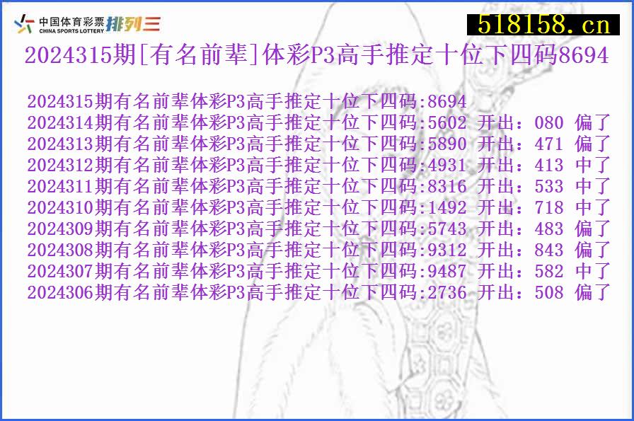 2024315期[有名前辈]体彩P3高手推定十位下四码8694