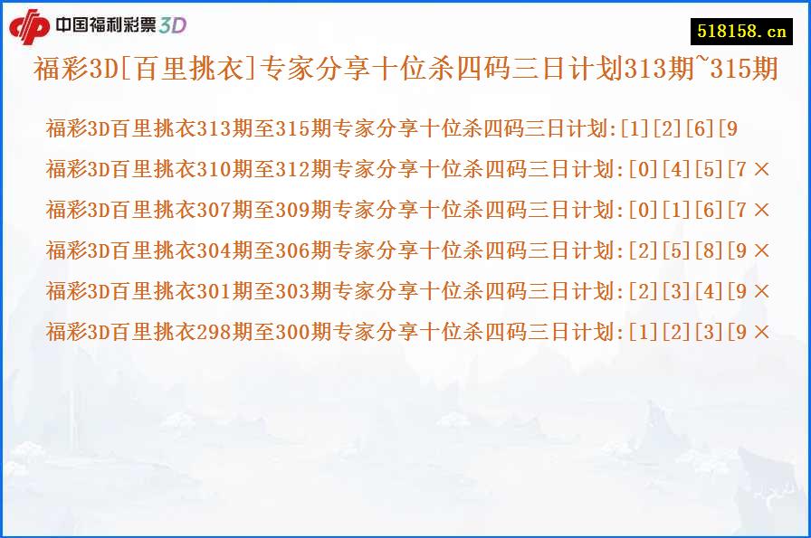 福彩3D[百里挑衣]专家分享十位杀四码三日计划313期~315期