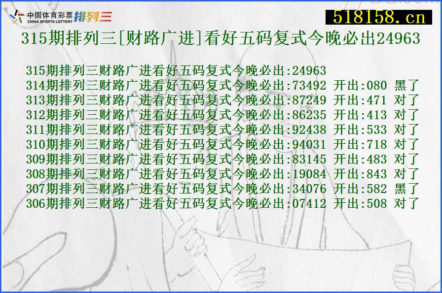 315期排列三[财路广进]看好五码复式今晚必出24963