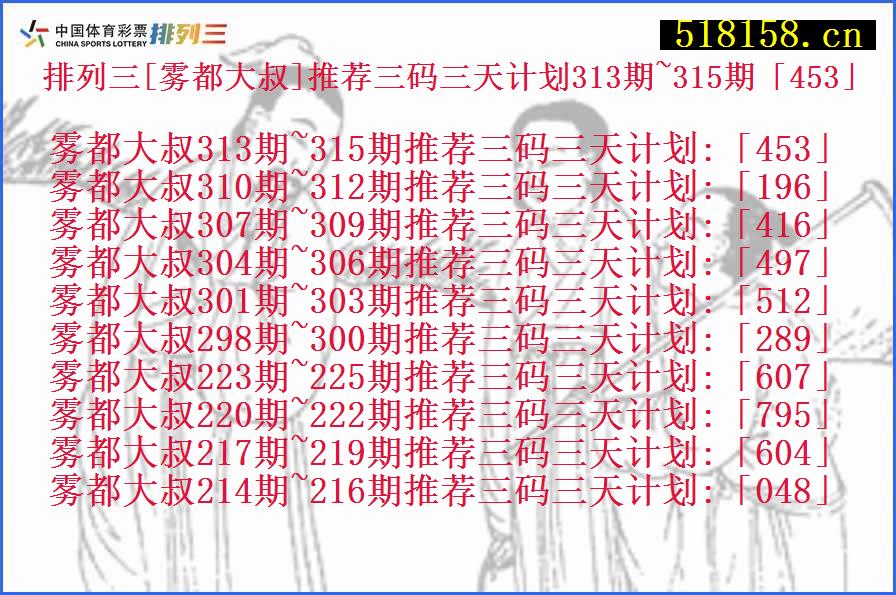 排列三[雾都大叔]推荐三码三天计划313期~315期「453」