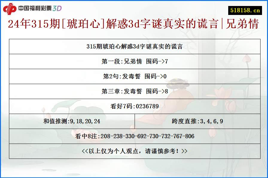 24年315期[琥珀心]解惑3d字谜真实的谎言|兄弟情