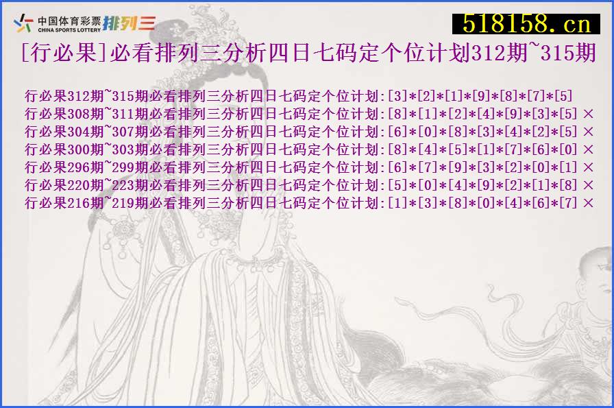 [行必果]必看排列三分析四日七码定个位计划312期~315期